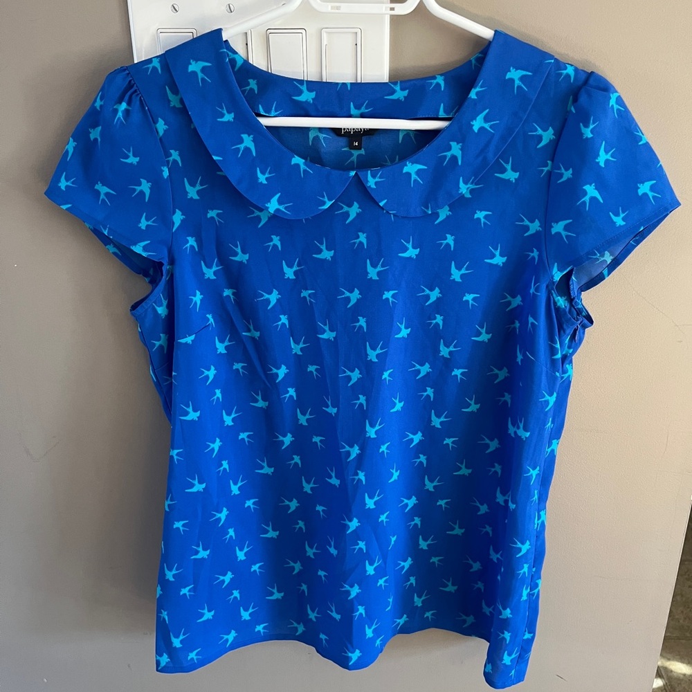 Peter Pan collar Papaya Blue Bird Pattern Short Sleeve Top